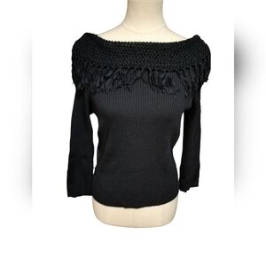 1767) Stonebridge Signature Black Fringed Crochet Off Shoulder Sweater Size PL